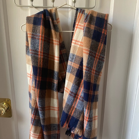Brown Orange and Navy Blue Plaid Winter Scarf - Picture 4 of 4